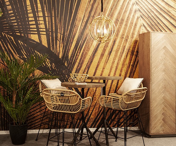 Bar set with bamboo chairs amd palm plant - Original Interiors