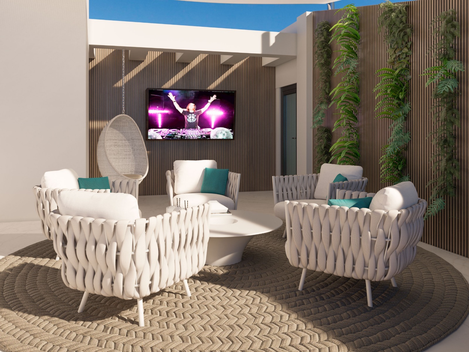 Roof Terrace white brown blue with flatscreen tv and plants on wall - Original Interiors