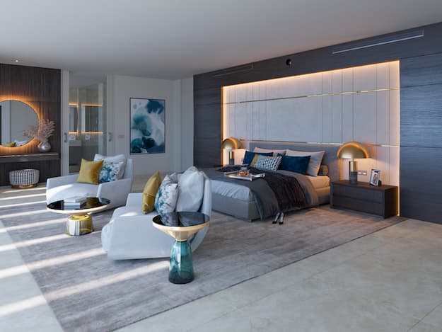 Bedroom with grey sheets, light-grey sofas, a grey carpet and decoration lighting - Originals Interiors